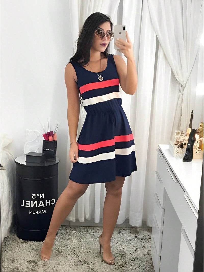 Vestido Midi Listrado De Malha Manga Regata Básico Casual