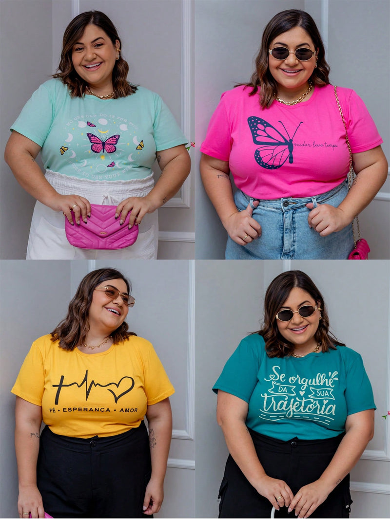 Kit 3 Blusas Feminina Plus Size T-shirt  Manga Curta Gola redonda Malha Premium