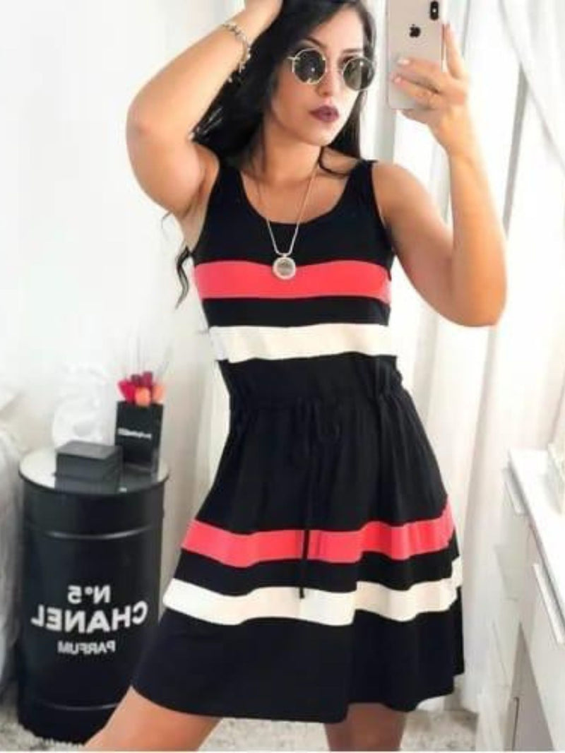 Vestido Midi Listrado De Malha Manga Regata Básico Casual